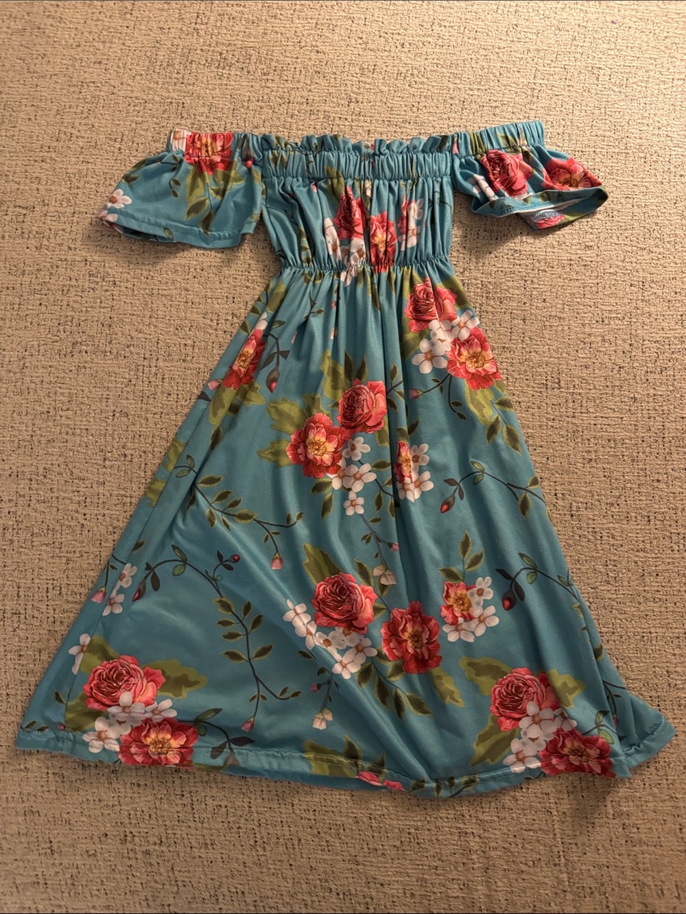 Girls Off-Shoulder Turquoise Floral Dress